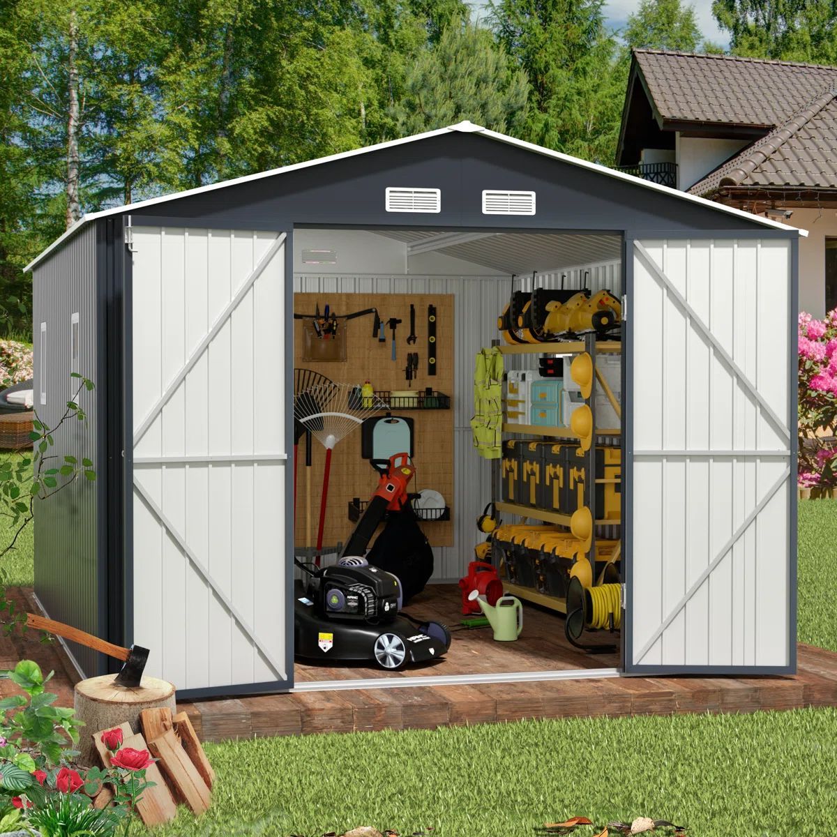 LAVRE Outdoor Metal Storage Shed with Windows 10x10 ft (Brown)