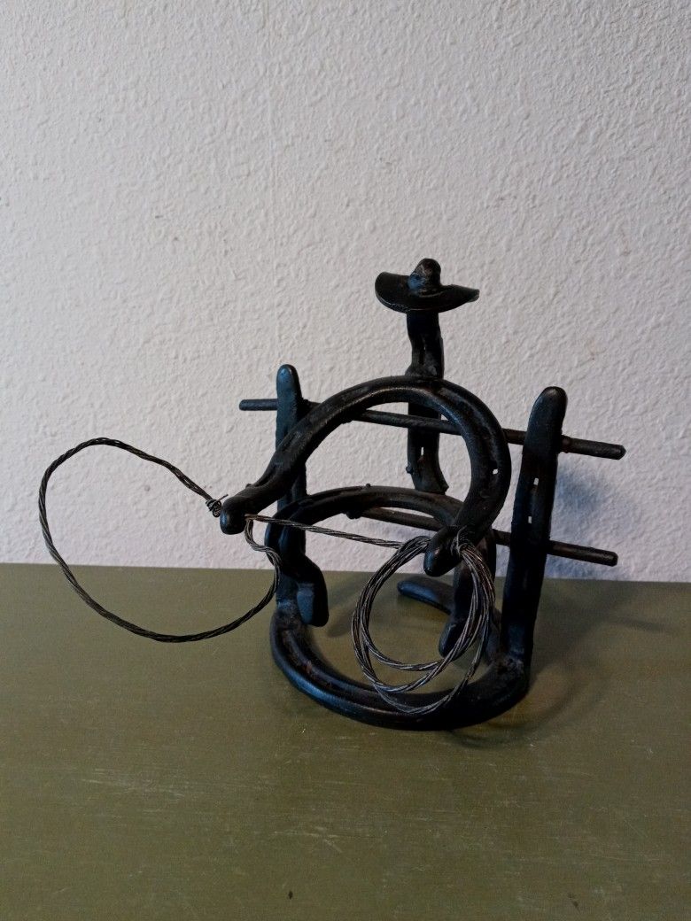 Roping Cowboy Horseshoe Art Sculpture