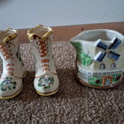 Handpainted Windmill Creamer & Boot Toothpick Holders 