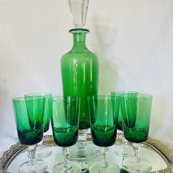 Mcm Green Glassware Decanter Set Made In Portugal 