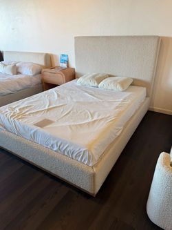 RH Style Bed | Boucle Platform Bed | Solid Wood Trim | Queen & King
