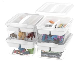 CraftGenes 4-Pack Craft Storage Box with Removable Tray, 20 QT Clear Plastic Storage Organizer with Lids, White Playdoh Storage Organizers for Crafts,