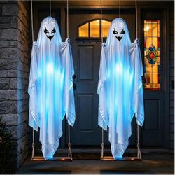 Swinging Ghost Halloween Outdoor Decor, 2-Pack 4.6 Feet Large Hanging Ghost Decoration with Blue LED Lights and Timer, Easy Assembly for Yard, Garden,