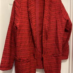 Worthington Open Front Tweed Fringe Red Black Textured Light Jacket Size XL LIJE NEW MADE OVERSIZED 