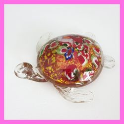 Vintage Murano Glass Sea Turtle Paperweight Figurine Millefiori 7" Red Italian
