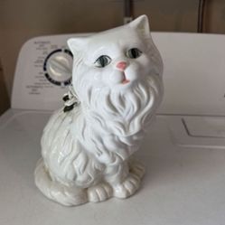 Vintage MCM Handpainted White Persian Cat Ceramic Statue Figurine 14" Blue 
