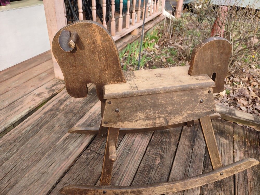 Wooden, Heavy Rocking Horse, (Vintage), Brown Leather Ears