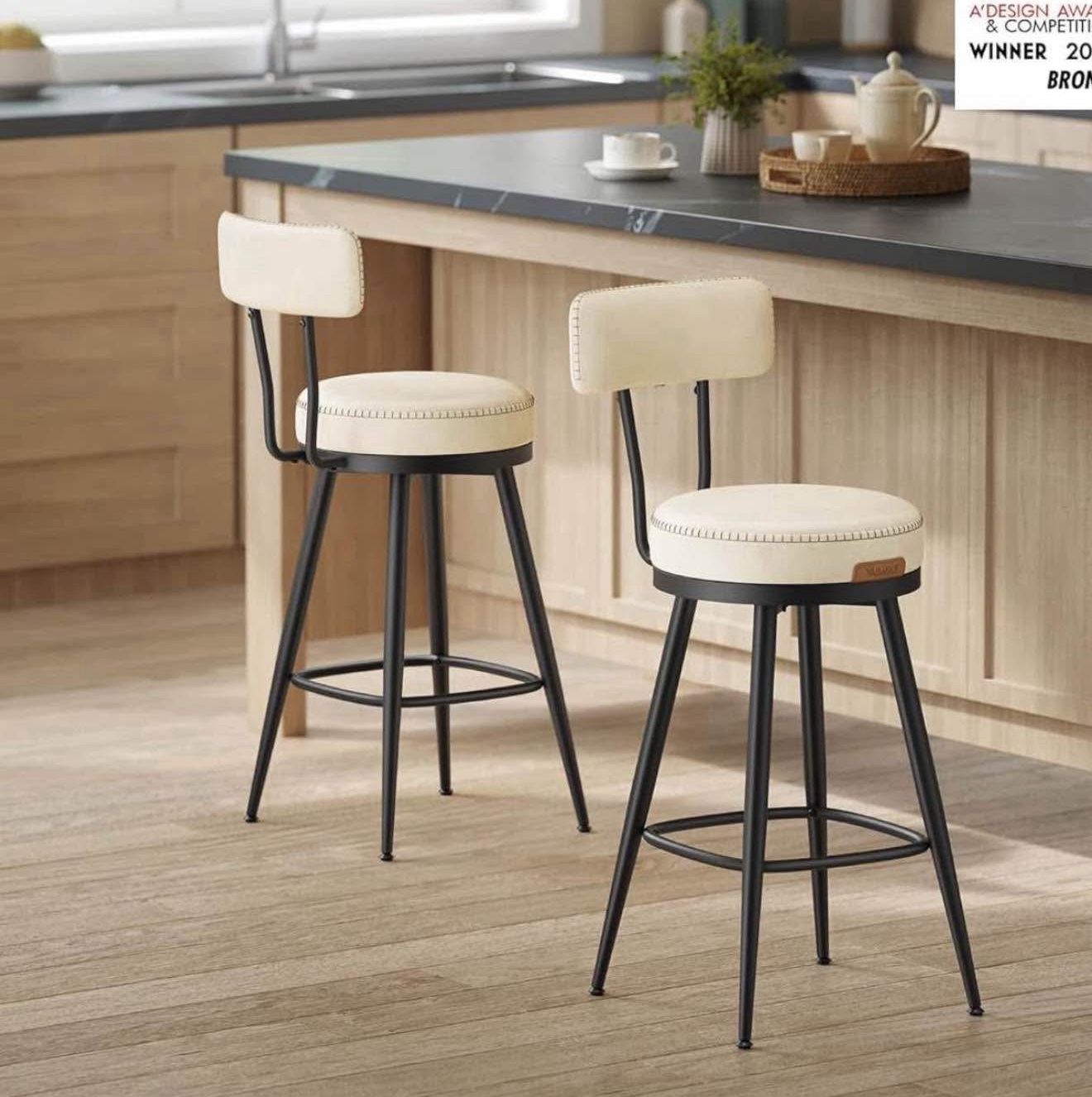 Bar Stools Set of 4. Swivel Counter Height Bar Stools with Back, Synthetic Leather with Stitching, Mid-Century Modern, 25.6-Inch Tall Bar