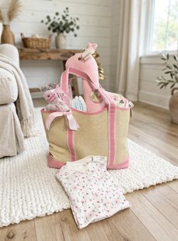 NEW Baby Girl Gift Set - Diaper Bag Tote + GUND Giraffe Learning Toy Backpack + 10 Diapers + 9M Pajamas + Pacifier Clip
