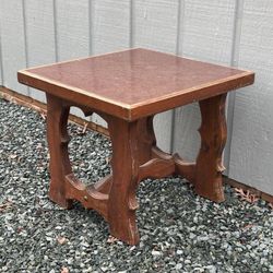 Vintage Wood Trestle Scroll Accent Side Table