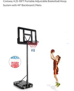 Costway 4.25-10FT Portable Adjustable Basketball Hoop System with 44" Backboard