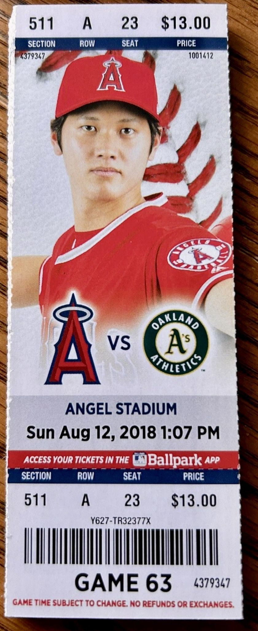 2018 LA Angels vs Oakland Athletics – Shohei Ohtani Rookie (RC) Pictured Ticket Stub (8/12/18)