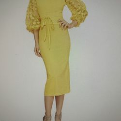 Dress - Yellow - Mesh Sleeves - Large 