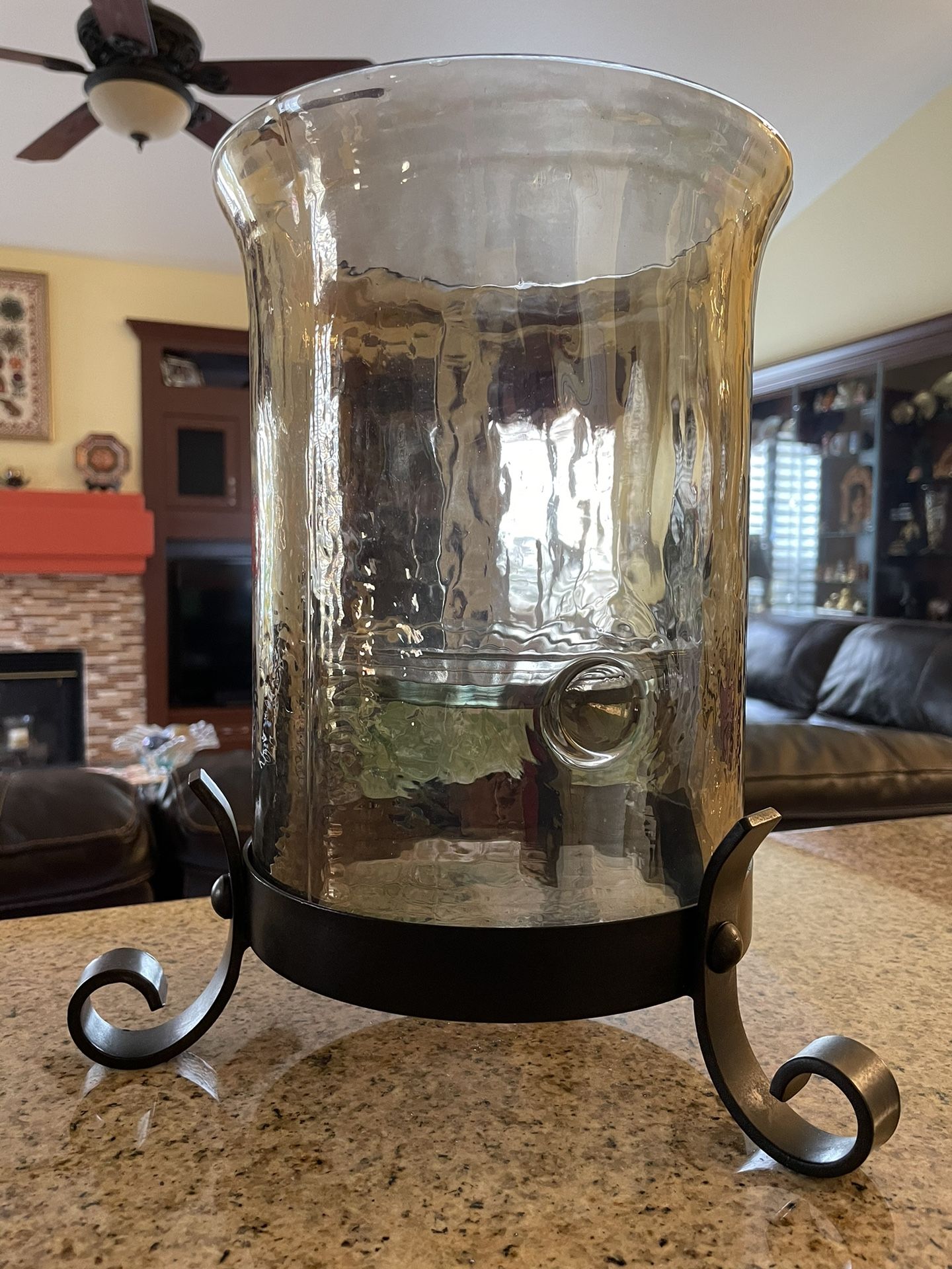 Large Amber Color Hammered Glass Hurricane Candle Holder With Iron Base