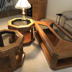 Solid Oak Coffee Table and matching end tables.