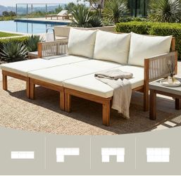 Assembled New Outdoor Daybed, Acacia Wood 3-Seat Patio Sofa Bed with Waterproof Cushions and Rope Woven Arms, Convertible Sleeper Couch