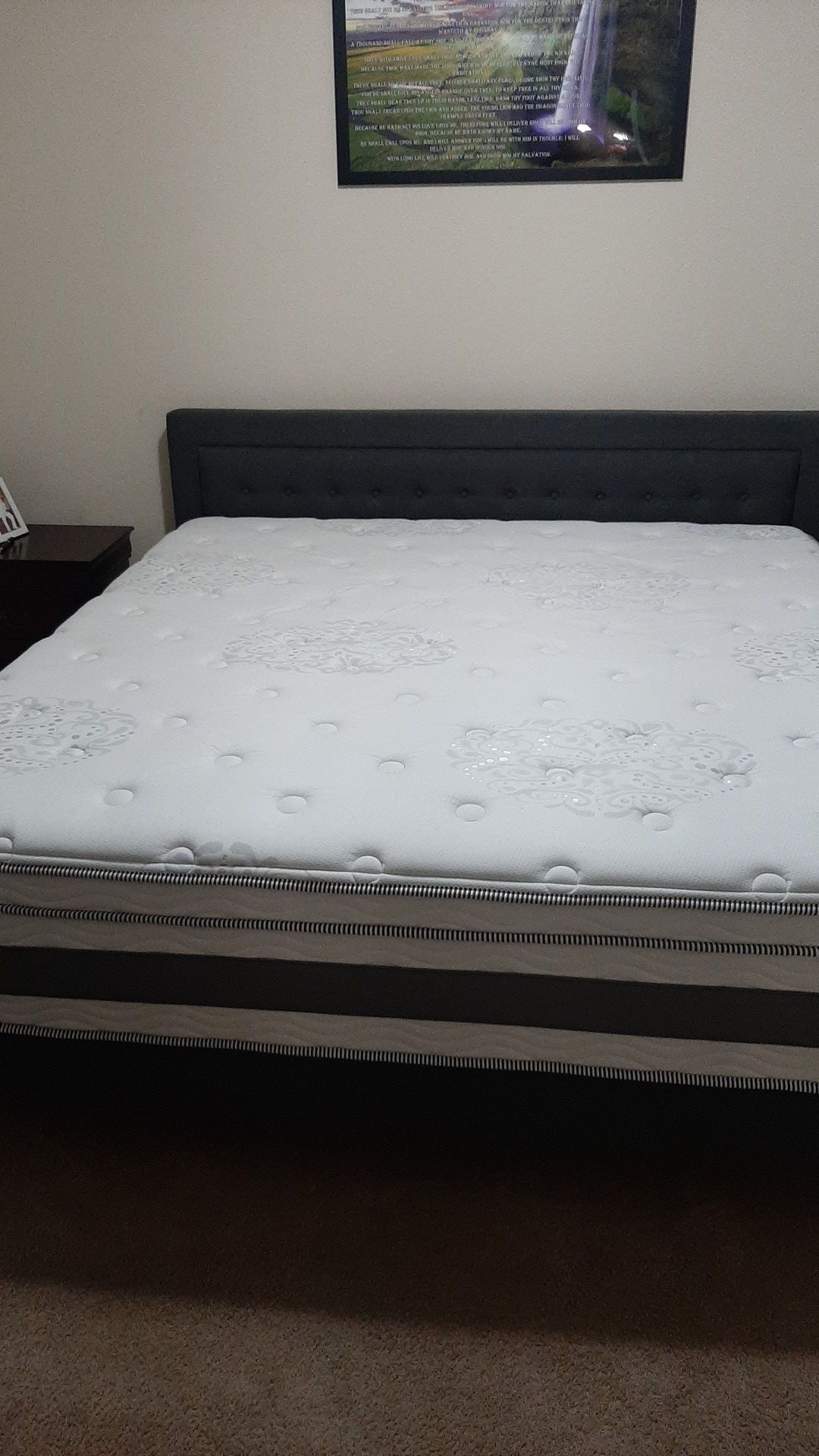 King bed 14 inch mattress and frame with upholstered headboard and frame