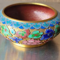Cloisonné Brass Bowl Cherry Blossoms Green Pink Blue Gold White Vtg 4"X2"