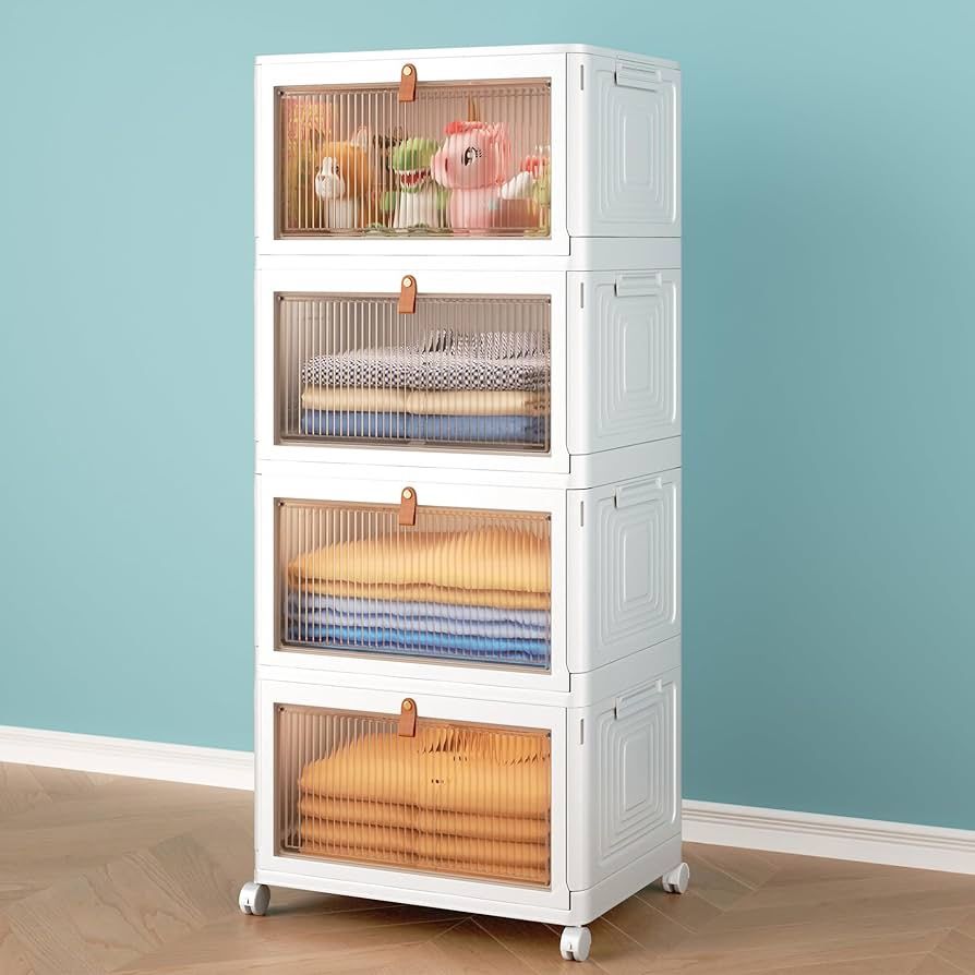 4-Tier Stackable Plastic Storage Bins with Lid and Wheels, 23 Quart Closet Organizers and Storage, Collapsible Storage Containers, Boxes
