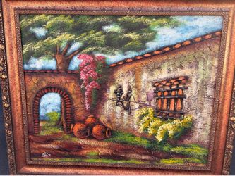 Vintage Signed Textured Oil Painting Rustic Mediterranean / Mexican Style Scene Impasto Technique