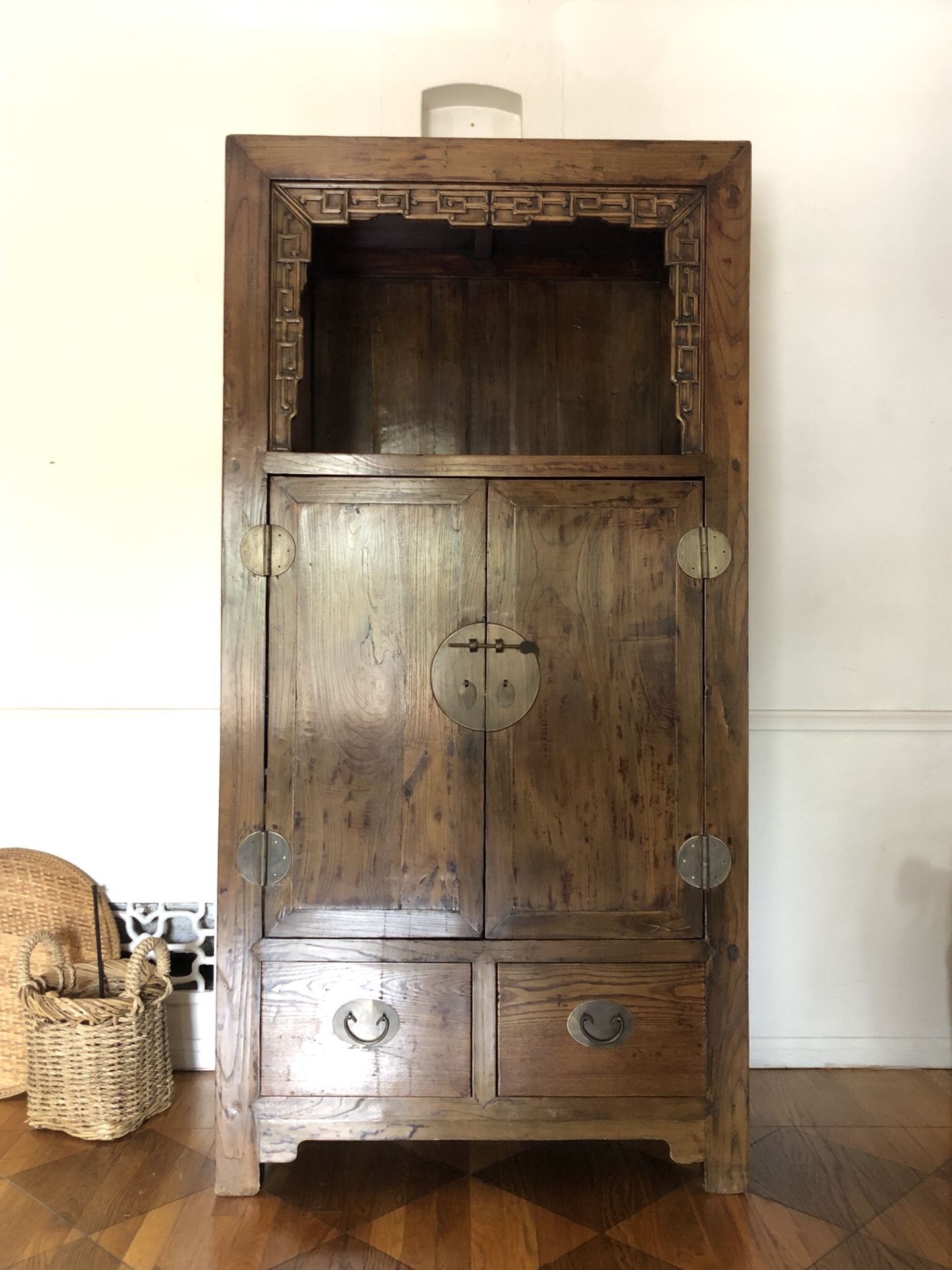 Antique armoire solid elm with brass hardware