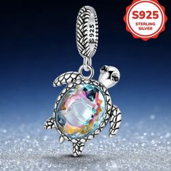 New! Sea Turtle Charm 925 Sterling Silver w Iridescent Cubic Zirconia w Gift Bag
