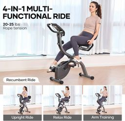 Foldable Exercise Bike, 10-Level Magnetic Stationary Bike for Home 4 In 1 Quiet Indoor Workout Bike with Arm Resistance Bands, LCD Monitor, 265LB Weig