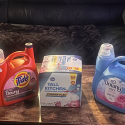 Laundry soap, softner and trash bags