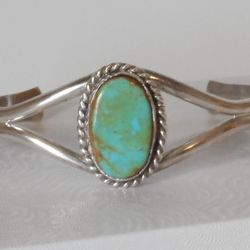 Vintage Navajo Nation Turquoise Cabochon in Sterling Silver Med Cuff Bracelet, Signed D. O. 