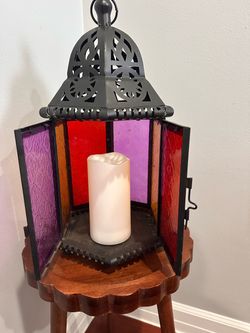 Moroccan Style Metal Lantern with Colored Glass