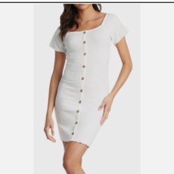 New Planet gold Women's L Slim White Rib Knit Square Button Up Mini Dress L