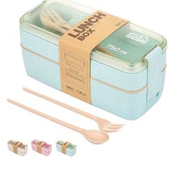 The All-in-one Lunch Bento Box -Two Stackable Meal Prep Bento Box- Dishwasher Safe,Utensils,Dividers-Food Storage Containers