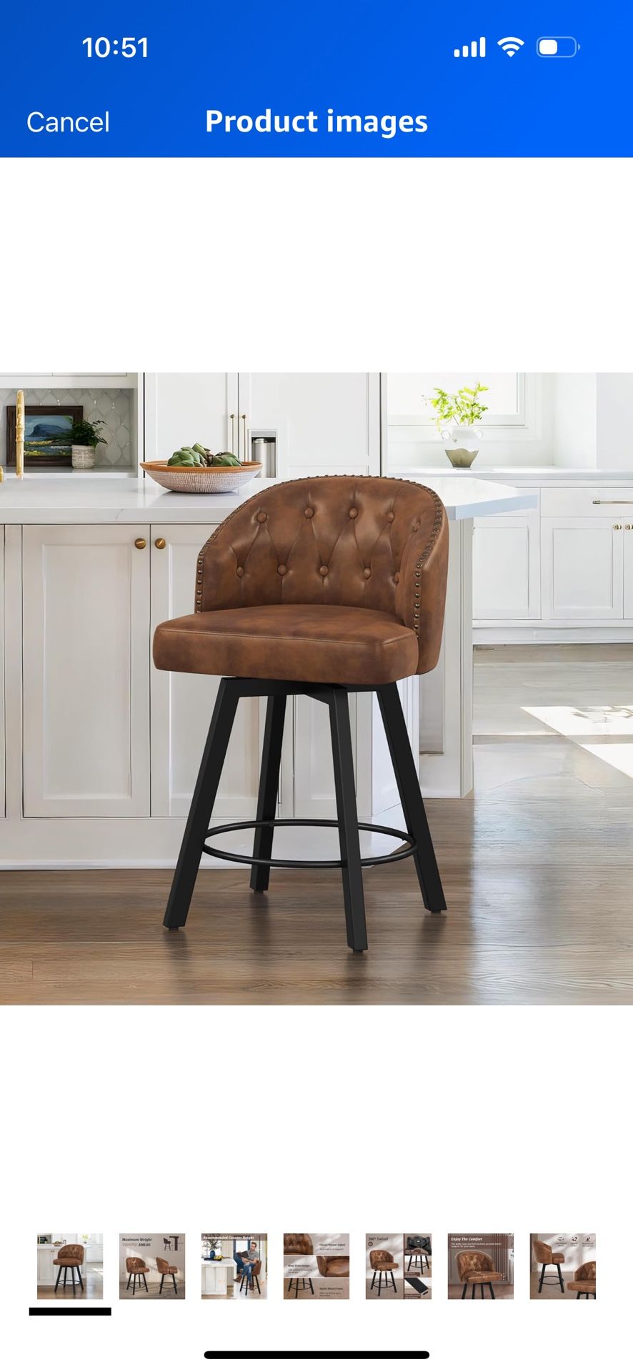 Counter Height Bar Stools Set of 2, 26" Swivel Faux Leather Upholstered Bar Stools with Backs and Metal Legs, Retro Counter Stools for Kitchen Island,