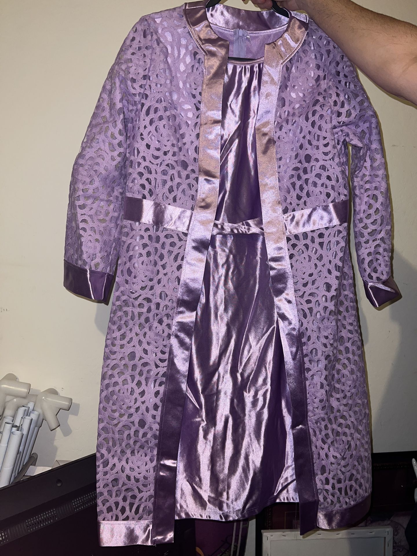 Purple satin Dress With Lace Over shawl (2)