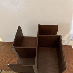 Vintage Wooden Rotating Caddy with Compartments, Folder and Mail Storage