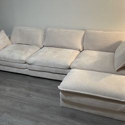 L Shaped 3 Seater Beige Sofa With Ottoman For Small Living Spaced