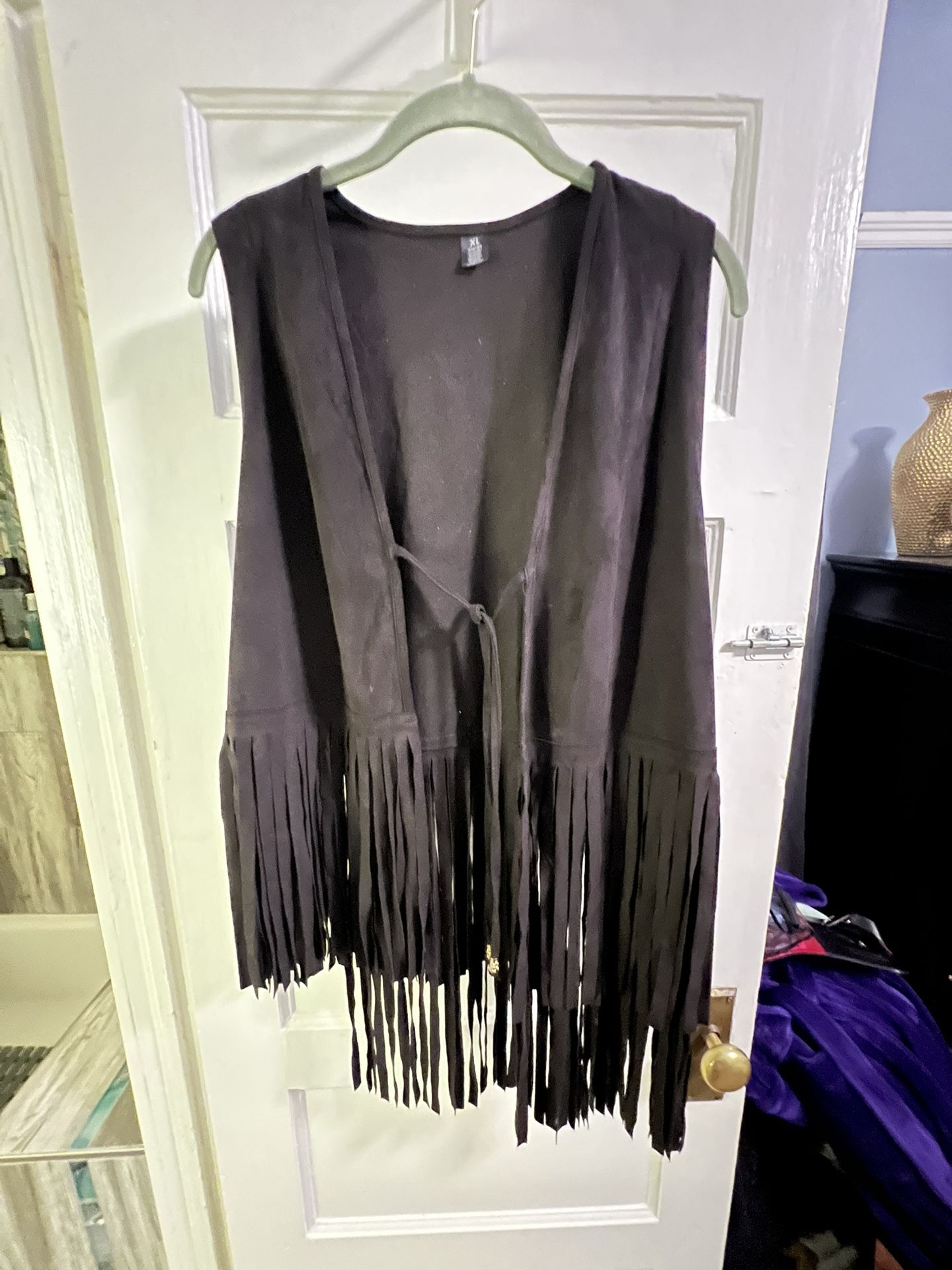 Womans Faux Suede Fringe Black Vest
