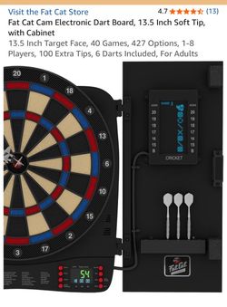Fat Cat Cam Electronic Dart Board, 13.5 Inch Soft Tip, with Cabinet