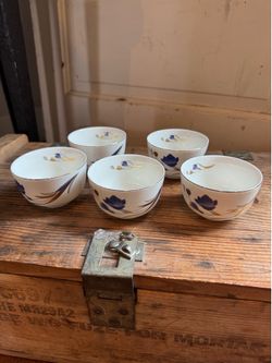 Japanese Porcelain Tea Cup Orchid Design with Gold Rim set of 5