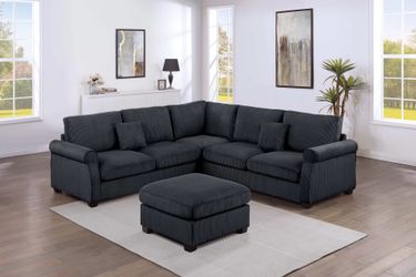 New! Black Sectional Sofa And Ottoman, Black Couch, Black Corduroy Sectional. L-Shaped Sofa, Couch, Sectionals, Black Sofa, Black Sectional,Plush Sofa