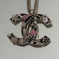 CC Black Enamel Silver Logo Necklace 