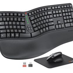 MEETION Ergonomic Wireless Keyboard and Mouse, Ergo Keyboard with Vertical Mouse, Split Cushioned Wrist Palm Rest, Natural Typing, Rechargeable, Full 