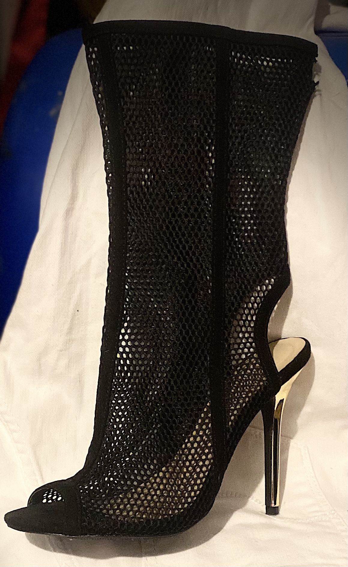 Wild Diva ,Mid Calf Peep Toe Stiletto Boots (fishnet)