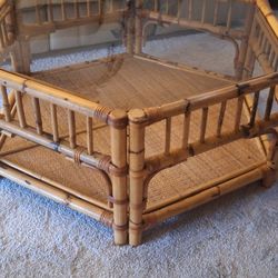 Vintage Quality Rattan Hexagon Coffee Table 