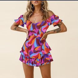 Women Boho Romper Off Shoulder Ruffle Chiffon Shorts Jumpsuit Playsuits