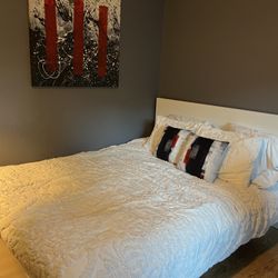 Queen Size Bed, Mattress, Shams, Duvet Cover, Wall Hanging