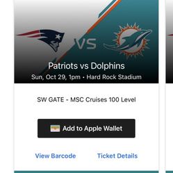 Miami Dolphins Tickets (2) Sunday Vs Pats 