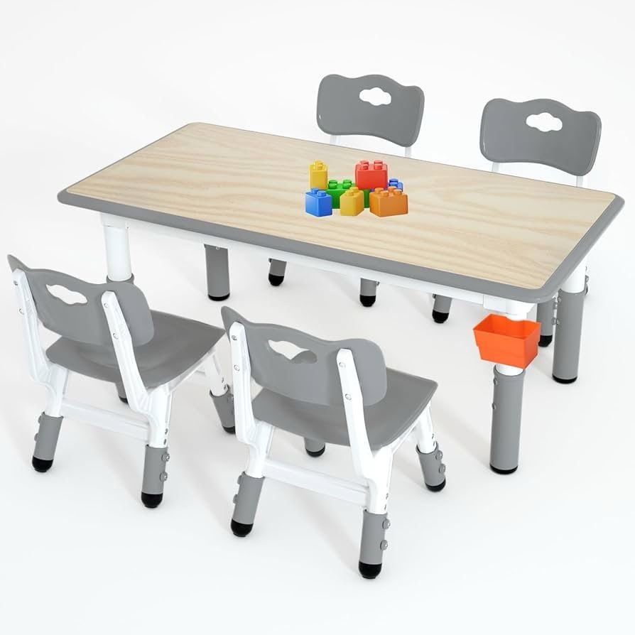 Kids Study Table and 4 Chairs Set,Height Adjustable Table and Chairs for Children and Toddlers,47.2"X23.6"Graffiti Desktop,Suitable for Dayc