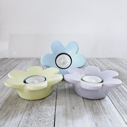 Set of 3 PartyLite Pastel Blue, Green and Purple Flower Shaped Tealight Candle Holders. 4.5"W×1.5H". Pre-owned in excellent condition. No  chips or cr