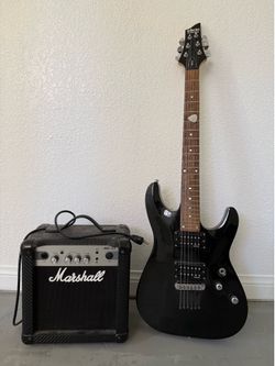 Schecter Diamond Series Omen 6 Electric Guitar with Marshall MG10CF amp amplifier black gloss